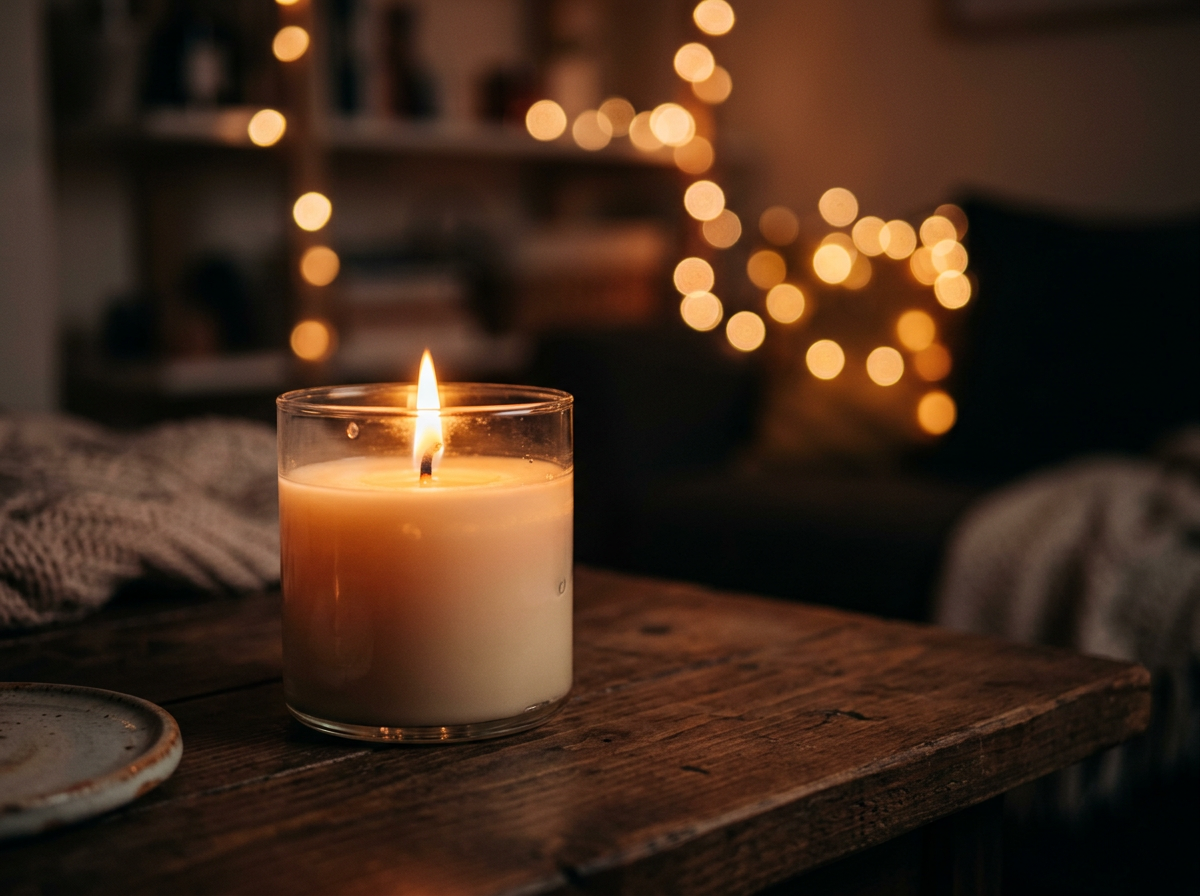 Vela artesanal con atmósfera cálida y velas de fondo